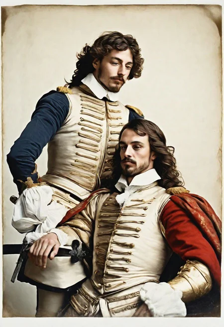 portrait of two French male Musketeers making love, completely nude, in room of white porcelain and gold, 38-year-old, penis, handsome, scar across chest, fierce looking, dynamic pose, intimate, 17th century style, masterpiece drawing,(faded&glossy polaroid with red and gold highlights), context, vastness++, 4k, ac_neg1