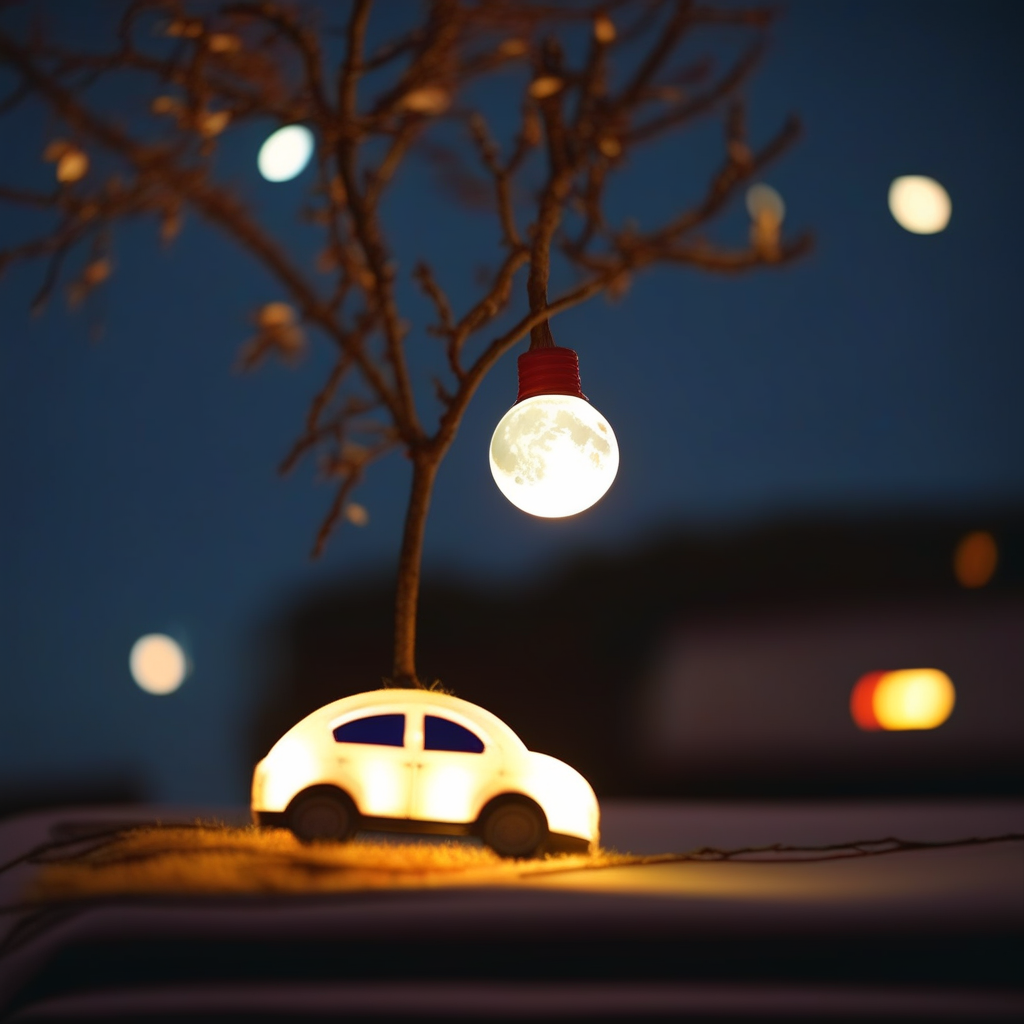 lighting bulb, ground vehicle, blurry, building, branch, bed, moon, pillow