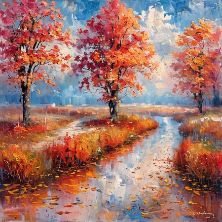 score_9, score_8_up, score_7_up, <lora:ArsMJImpressionism:0.8> Impressionism, ArsMJStylePony A colorful autumn forest, with a winding path disappearing among trees ablaze in reds, oranges, and golds. Fallen leaves carpet the ground, their colors blending in a swirl of impressionistic brushstrokes. The scene pulses with the vibrant energy of the changing seasons.