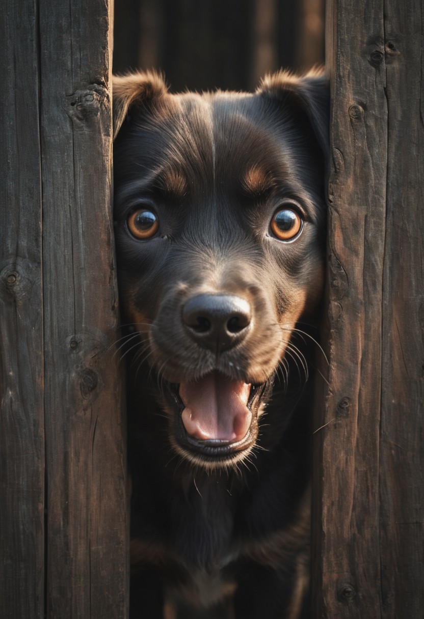a hole in a wooden fence reveals the face of a surprised puppy, digital painting, dramatic lighting, cinematic frame, ultra-realism
