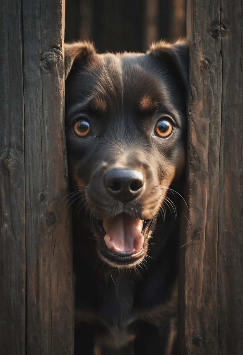 a hole in a wooden fence reveals the face of a surprised puppy, digital painting, dramatic lighting, cinematic frame, ultra-realism