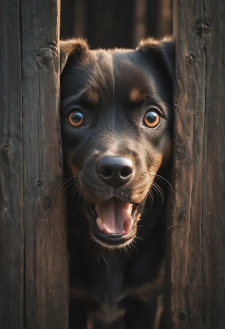 a hole in a wooden fence reveals the face of a surprised puppy, digital painting, dramatic lighting, cinematic frame, ultra-realism
