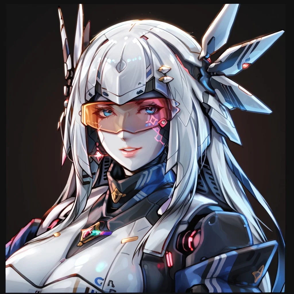 uaf-character, |||, breasts, humanoid robot, mecha musume, medium breasts, silver hair ornament, uaf_neuko, upper body, glowing, android, visor, smile, black border, uaf-portrait, robot girl, robot, uaf_redblue_backlight, parted lips, solo, uaf_red_blue_ilumination, helmet, simple background, 1girl, 80swa, Expressiveh, score_9,score_8_up,score_7_up, 20 years old, 8k, hd, beautiful korean girl, , ultra realistic, hyper realistic, detailed face, natural huge breasts, beautiful woman's face, <LoRA: uafPortraits-000110>, <LoRA: uaf Wt: 1>, pureerosface_v1, (PureErosFace_V1:0.8)