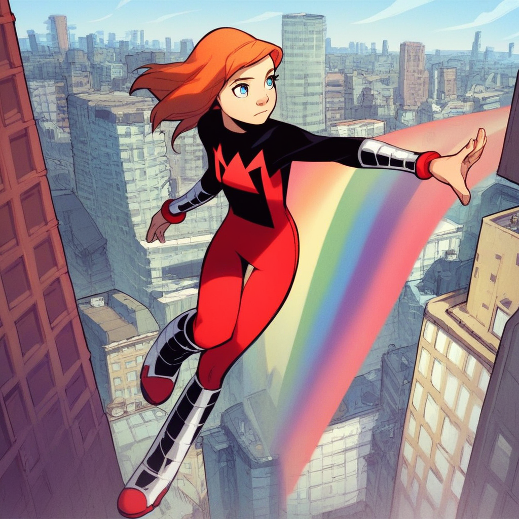 score_8, score_8_up, score_7_up, 1girl, solo, female focus, Julie_PP, red hair, long hair, blue eyes, flat chest, Power Pack uniform, asymmetrical clothes, prism, LS_emb, print bodysuit, red bodysuit, black bodysuit, two-tone bodysuit, bracers, metal bracers, metal boots, knee boots, flying, rainbow, midair, full body, arms at side, standing, outdoors, cityscape, window, building