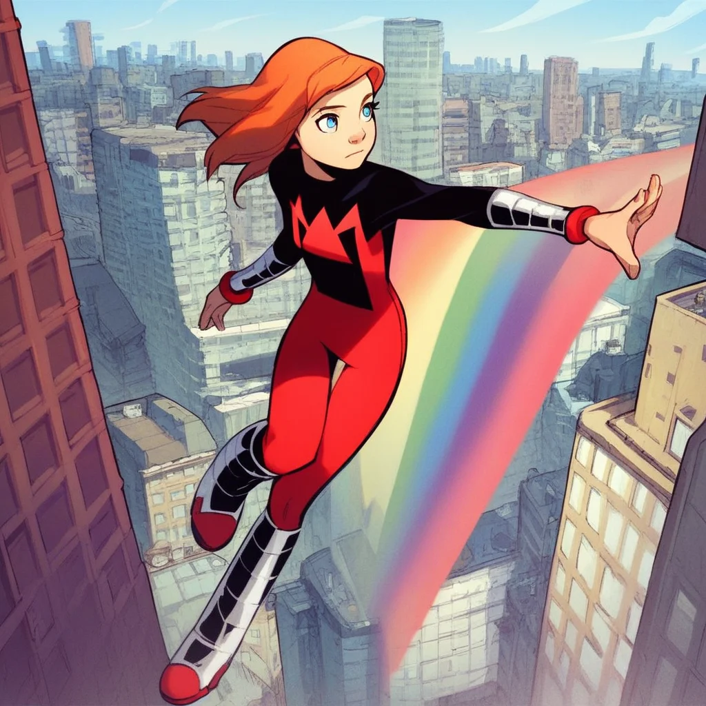 score_8, score_8_up, score_7_up, 1girl, solo, female focus, Julie_PP, red hair, long hair, blue eyes, flat chest, Power Pack uniform, asymmetrical clothes, prism, LS_emb, print bodysuit, red bodysuit, black bodysuit, two-tone bodysuit, bracers, metal bracers, metal boots, knee boots, flying, rainbow, midair, full body, arms at side, standing, outdoors, cityscape, window, building