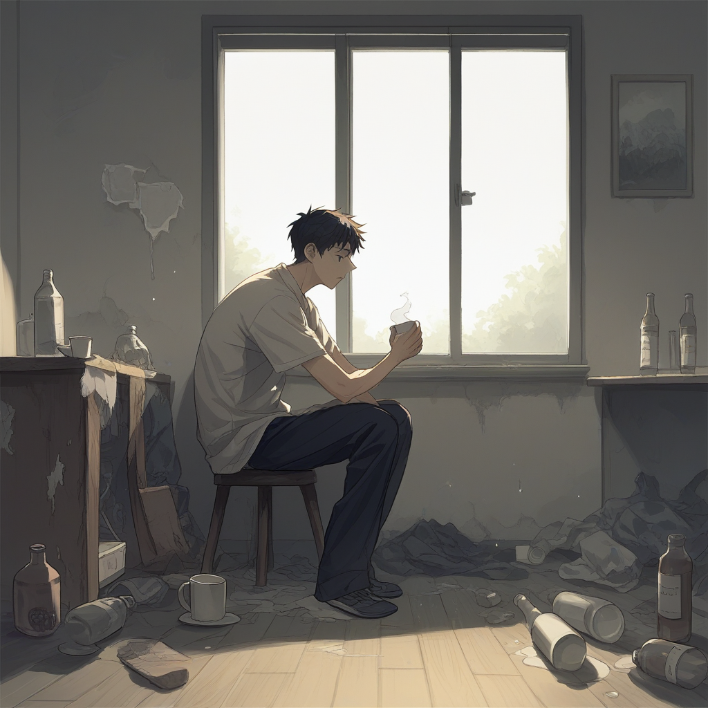 score_9, score_8_up, score_7_up, score_6_up, score_5_up, score_4_up, zPDXL2,source_anime,rating_questionable,   1boy,  <lora:Messy_Room:0.8> m3ss, indoors, messy room, cup, bottle, window,mess