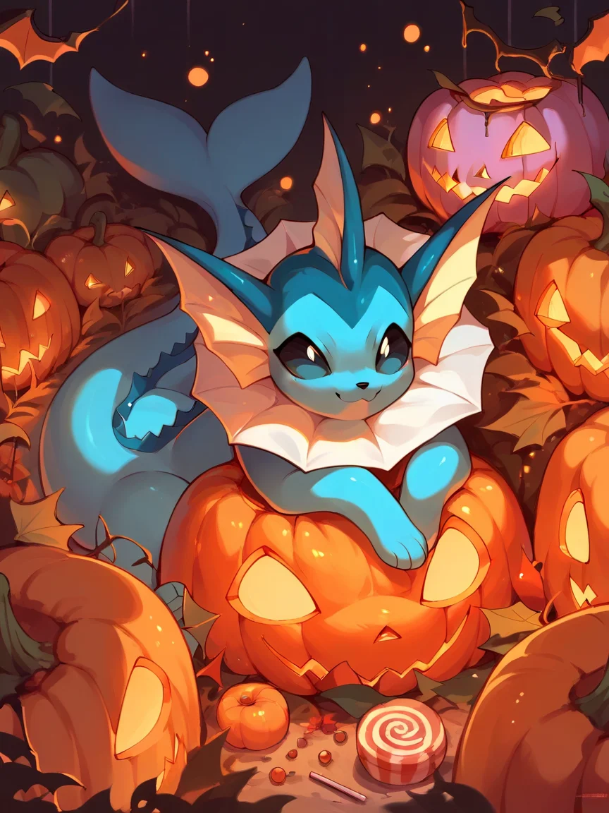 score_9, score_8_up, score_7_up, score_6_up, score_5_up,   <lora:halloweenpokemonXLP:1> halloween pokemon, no humans, jack-o'-lantern, (vaporeon:1), candy,