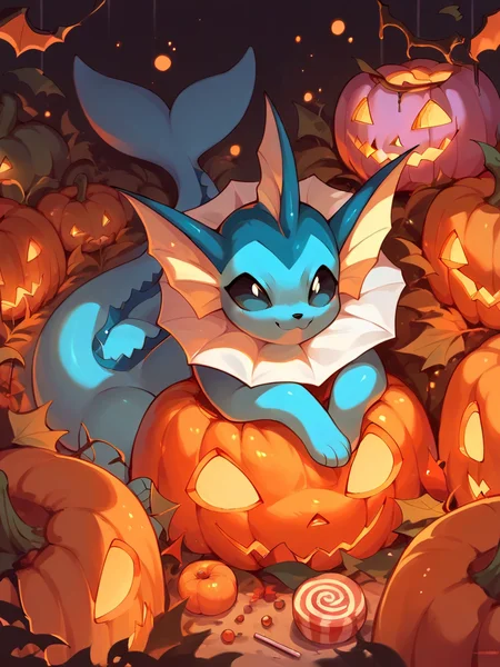 score_9, score_8_up, score_7_up, score_6_up, score_5_up,   <lora:halloweenpokemonXLP:1> halloween pokemon, no humans, jack-o'-lantern, (vaporeon:1), candy,