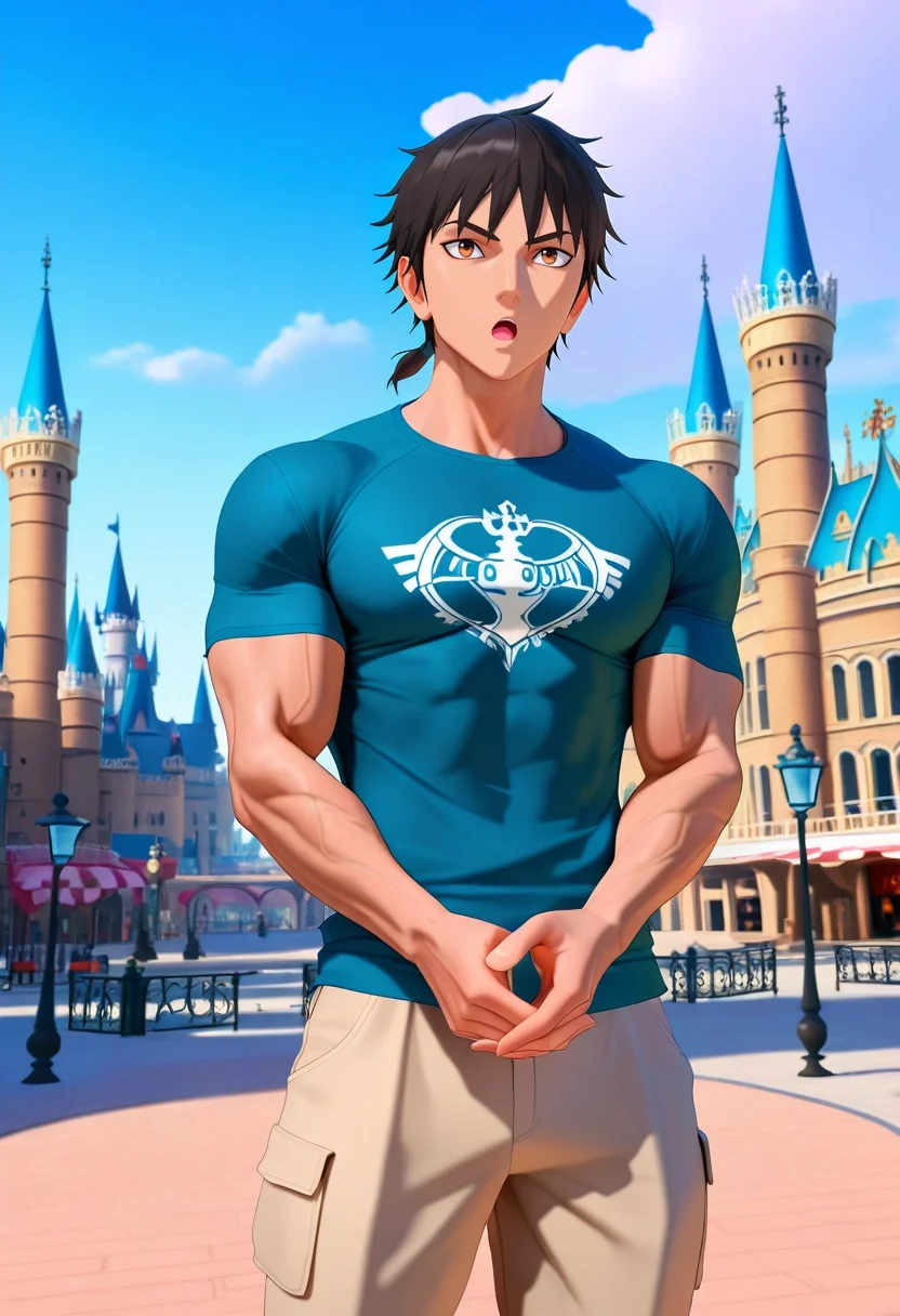 masterpiece, best quality, , (3d:0.4), , , 1boy, solo, male focus, <lora:xin_kingdom_ilxl:1>, xin_kingdom, black hair, brown eyes, short hair, low ponytail, , armor, wide angle, wide shot, cowboy shot, disneyland, noon, own hands together, :o, Cashmere Khaki pants, Muscle T-shirt, , ,
