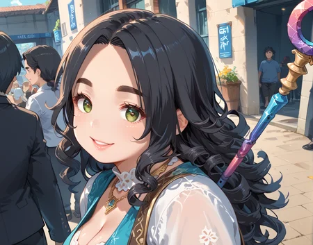 PonyScores7, source_anime, ah1, IllustriousQual, <lora:natsumi_style:0.5>, <lora:by_usakun-pony:0.4> by usakun, <lora:Akina_Bbw_Style_-_PonyXL:0.2> AkinBw
BREAK (zoom_out:1.8), (Dutch Angle, (from side), far from viewer)
BREAK 1girl, mature female, (round face:1.2), (thick eyebrows:1.3), (curvy), round-chin, caucasian, (plump face), <lora:Round_face:0.2>, <lora:ETO_OCPonyXL:0.3> eto_oc, skindentation, (plump), thick thighs, wide hips, busty, voluptuous, lips, <lora:venus body PonyXL:0.3>, <lora:shinyskin2:0.2> glistening skin
BREAK  (((curly hair), long hair, (black hair:1.4), (parted hair:1.7), messy hair, kinky curls, <lora:hairdetailpxl:0.2> hairdetailpxl))
BREAK ((half green and brown eyes), (colorful eyes), (multicolored eyes), (downturned eyes:1.4), <lora:expressive eyes:0.2> expressive eyes, <lora:eyedetailpxl:0.2> eyedetailpxl, <lora:Eyes_High_Definition:0.2> EyesHD)
BREAK ((attracted expression, Intense gaze, soft smile, slightly parted lips,  <lora:Expressive_H:0.2> Expressiveh, <lora:Emotional_Anime_Expressions_PonyXL_Concept:0.2> emotional, <lora:Best_Facial_Expression_LoRA_PONY:0.2>, looking at viewer, <lora:Detailed expressive EXEV style -XL Pony V1.0:0.2> FaceDetail))
BREAK ((holding a papyrus scepter))
BREAK primary colors Crochet Halter Dress
BREAK (((brawl in a crowded nightclub)))
BREAK <lora:xl_more_art-full_v1:0.2>, <lora:aesthetic_anime_v1s:0.2>, <lora:EpicF4nta5yXL:0.2>, <lora:detailxl:0.2> detailxl, <lora:Fant5yP0ny:0.2>, best quality, amazing quality, best aesthetic, absurdres, illustration, Volumetric_Lighting, ultra-detailed, very aesthetic, intricate details, 8k, masterpiece, best_quality
BREAK Stable_Yogis_PDXL_Positives, AS-Adult, <lora:Complicated fantasy portrait - XL Pony V2.0:0.2>, bad-hands-5, <lora:HDA_Detailer:0.3>, HDA_FatGirlXL