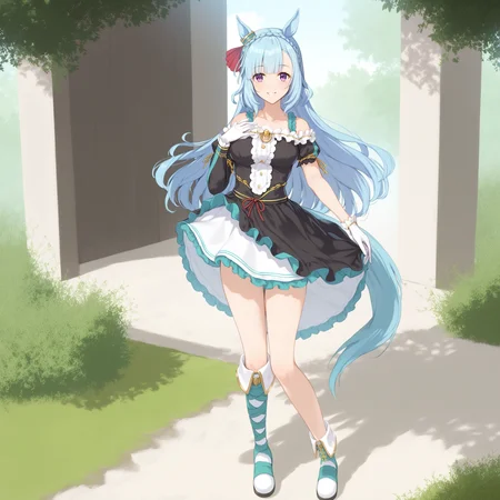 score_9, score_8_up, score_7_up, source_anime, 2D, anime BREAK
grassland,
shobofuku, 1girl, solo, long hair, breasts, looking at viewer, blush, smile, gloves, dress, animal ears, blue hair, standing, purple eyes, tail, full body, braid, boots, black gloves, white gloves, black dress, horse ears, horse girl, horse tail, single glove, crown braid, asymmetrical gloves, mismatched gloves, asymmetrical footwear, mismatched footwear,
<lora:mejiro_ardan-ponyXL-000006:1>,