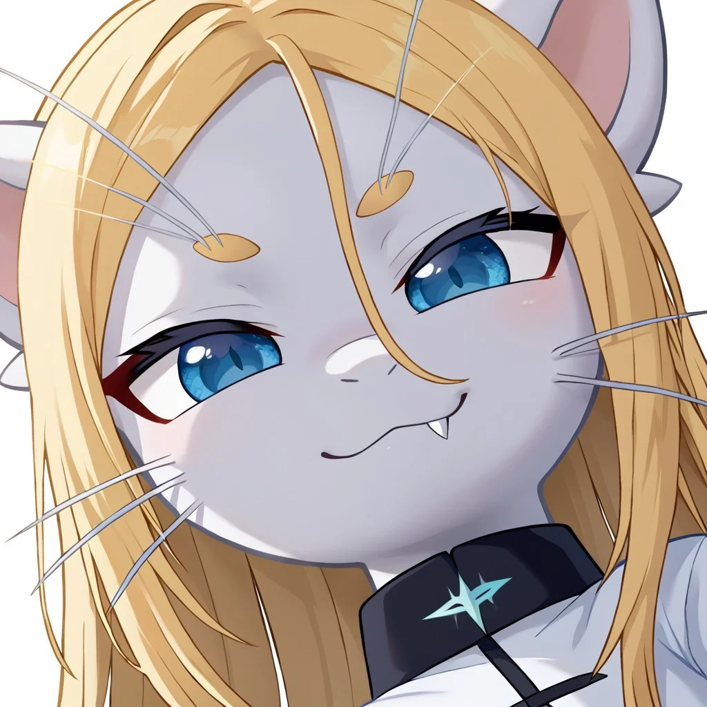 (ariral:1.1), female, white body,blonde hair, blue eyes, cute fangs, smug \:\3,whiskers, white shirt with black trim, low angle view
<lora:ariral xl 1024 v1.1 rank128 pony:1>