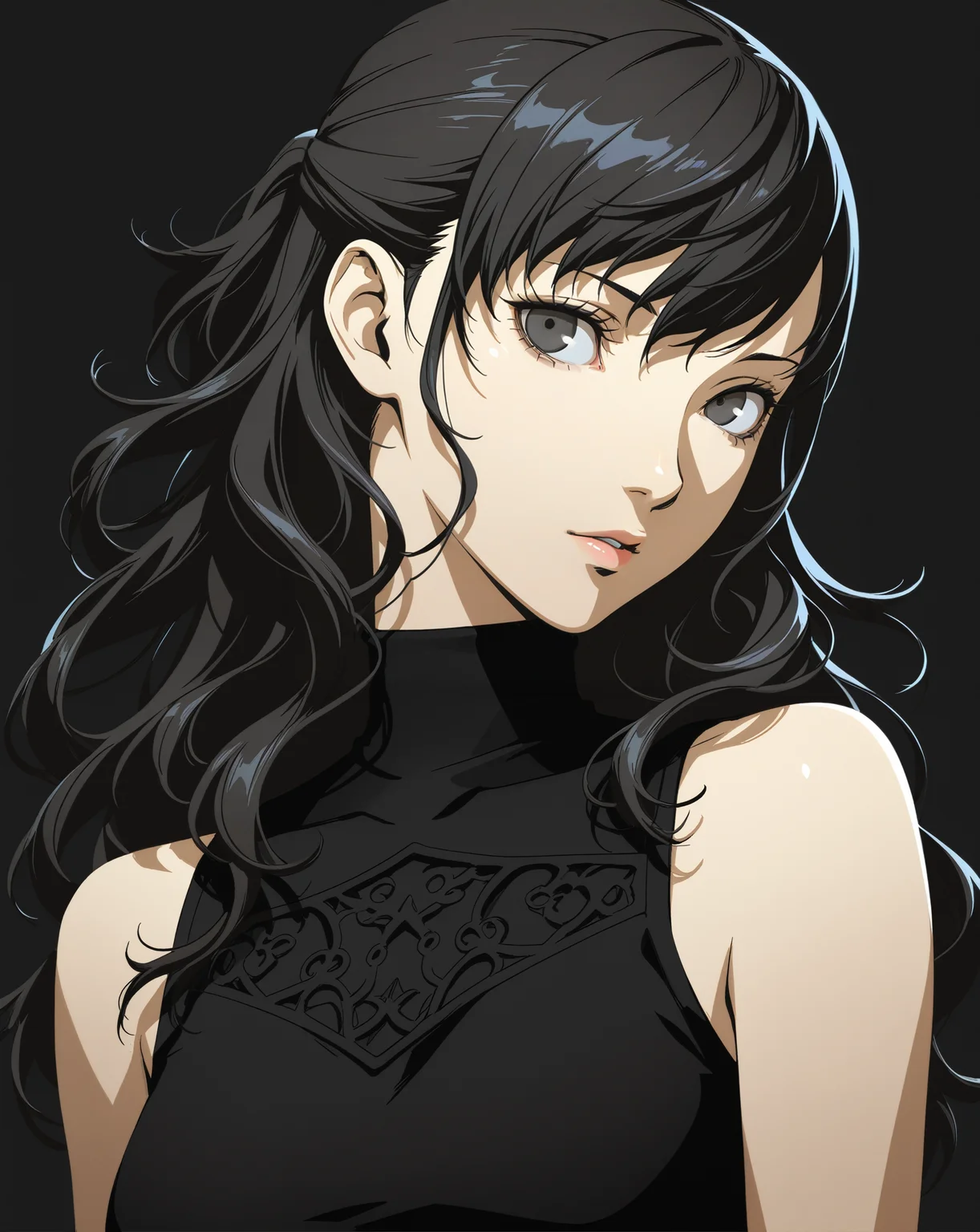 persona, soejima shigenori, anime coloring, 1girl, looking at viewer, upper body, black background, long hair, half updo, wavy hair, black hair, sleeveless turtleneck, masterpiece, very awa, best quality, amazing quality, very aesthetic, absurdres, newest, intricate details