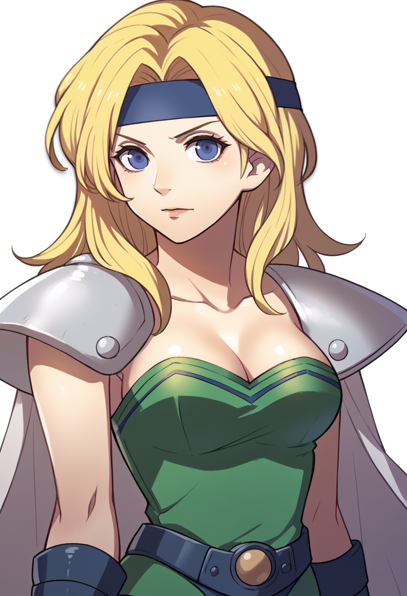 score_9, score_8_up, score_7_up, source_anime BREAK 1girl, solo,
<lora:zs_FE3HPortraitsXL:1> fe3hportraits, upper body, white background, looking at viewer,
<lora:celeschere-pdxl-nvwls-v1:1> celes chere, blonde hair, blue headband, green leotard, cleavage, white cape, shoulder pads, bracers,