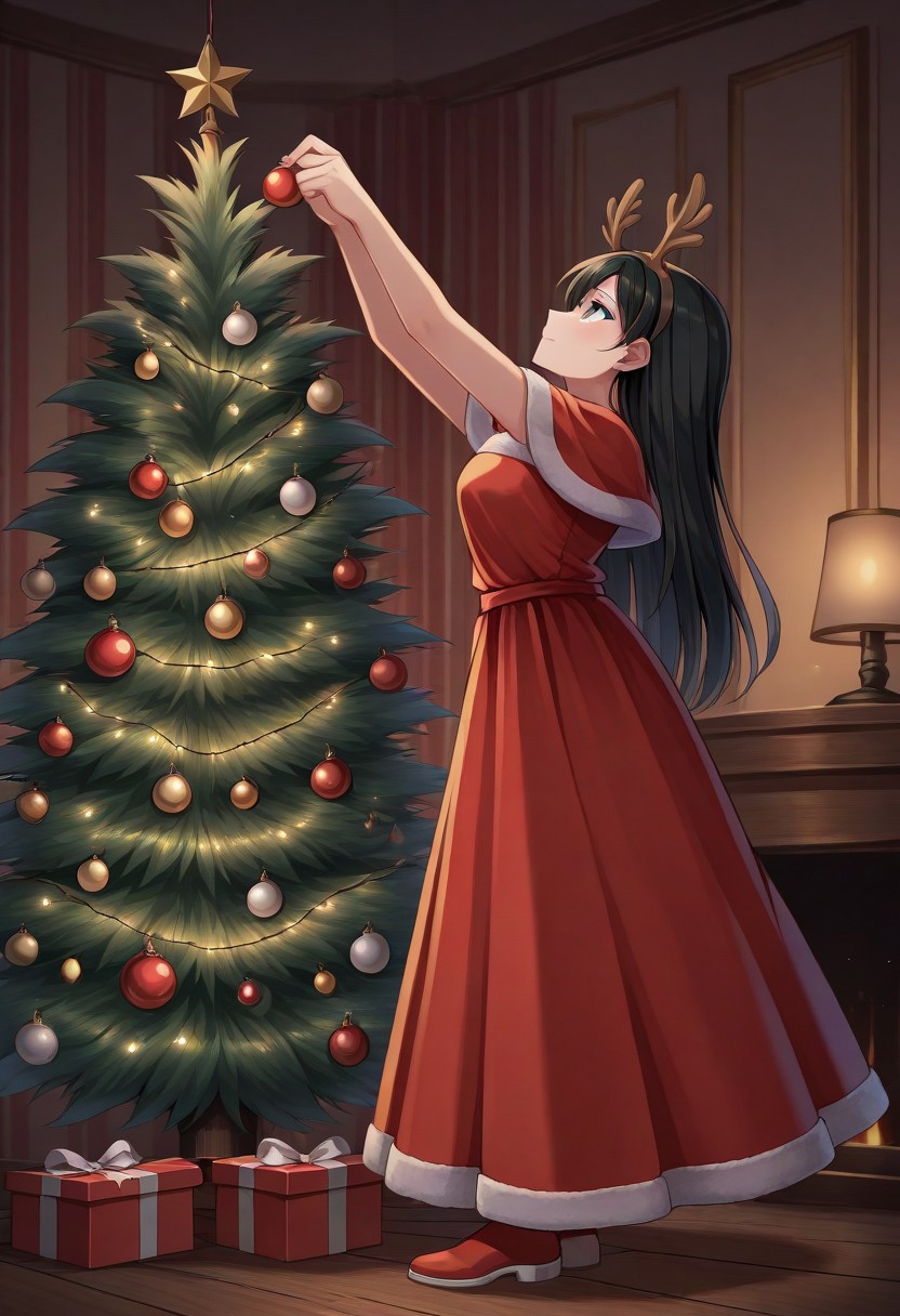 score_9, score_8_up, score_7_up, detailed face, detailed eyes, 1girl, solo, chr1stm4s, decorating, christmas ornaments, christmas tree, christmas, christmas lights, room,  christmas bauble, holding, red chirstmas dress, sideview, arms up, looking up, full body shot, fake deer horns,