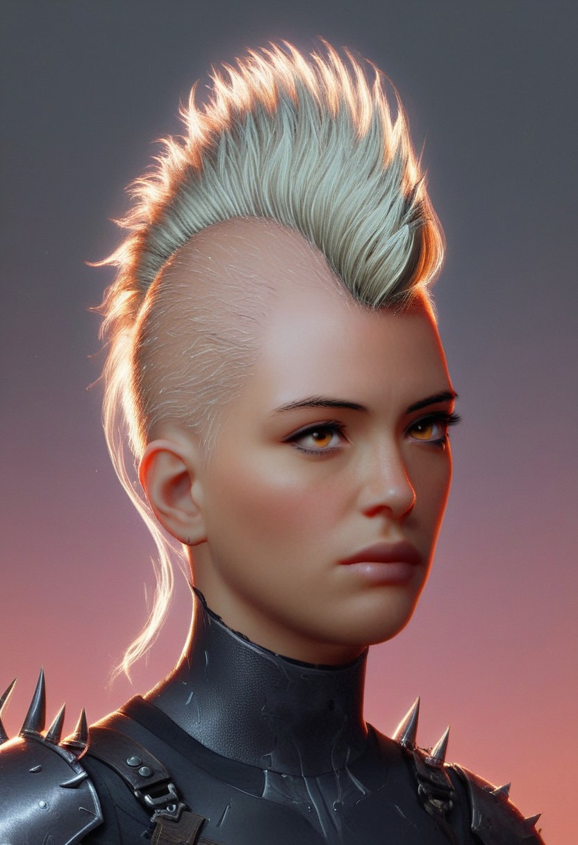 score_9, score_8_up, score_7_up, civitametapunksdxl_fem, 1girl, solo, light blonde hair, light skin, portrait shot from side, detailed face of a horrifying  black female knight all dressed in black armor, she has a spiky design or mohawk on the top of his head and the sides of her hairstyle is short and neat, obsidian black armor, looking at viewer with angry expression , holding a glowing ghostly scythe, menacing, atmospheric haze, a cyberpunk metropolis on background , Leather Brown hue and vibrant Midnight red tint , cyberpunk, anime, perfection style