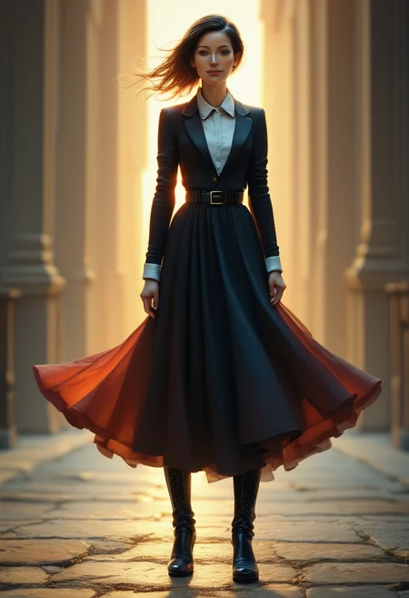 score_9, score_8_up, score_7_up, score_6_up, score_5_up, score_4_up, realistic, A bold image of a model in a tailored red blazer dress with a wide belt cinching the waist. The dress features a deep V-neckline and a flared skirt, her legs elongated by knee-high black boots, her hair styled up. , backlight, cinematic photoshot <lora:ponys-dream:.9>