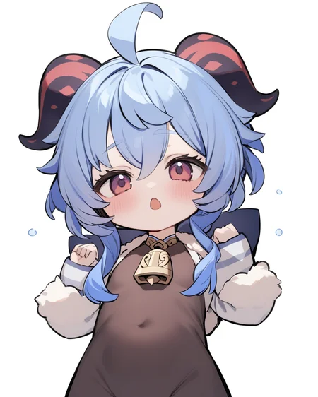 masterpiece,best quality,<lora:ganyu_new:1>,ganyu_(child), 1girl, ganyu \(genshin impact\), solo, white background, neck bell, hood, chibi, simple background, fur trim