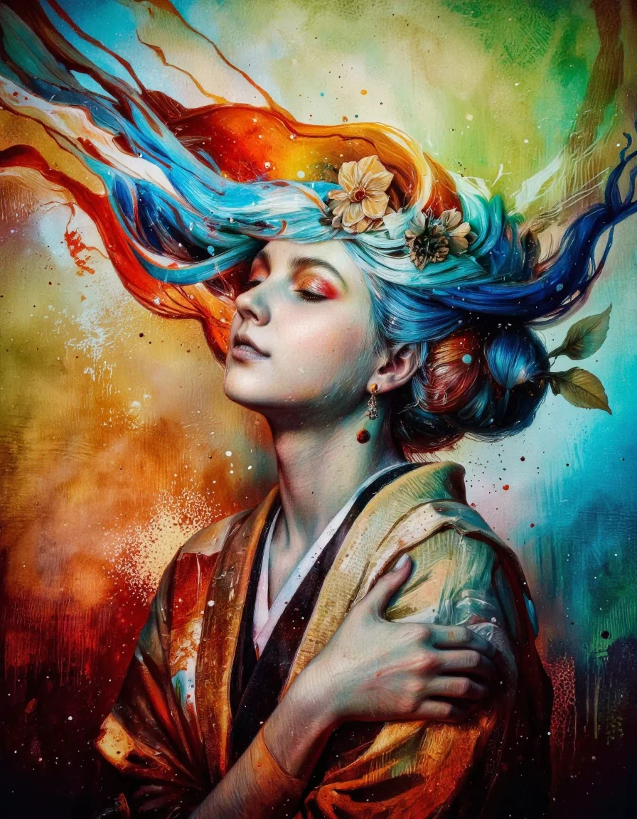 Art by Mario Nevado. This is a high-quality, digital painting, showcasing a stylized, ethereal portrait of a woman with flowing, multicolored hair. The composition uses vibrant, swirling hues of red, orange, blue, and green, creating a dynamic, almost abstract background. The woman's expression is serene, with closed eyes and a slight smile. She wears a traditional Japanese kimono in muted tones, adding contrast to the vivid backdrop. The lighting appears to be artificial, with a soft, diffused glow enhancing the dreamlike atmosphere. The depth of field is shallow, keeping the woman in sharp focus while the background is blurred. The image adheres to the rule of thirds, with the woman positioned off-center, creating a balanced yet dynamic composition. The aesthetic quality is very high, characterized by smooth textures, rich colors, and a harmonious blend of traditional and modern art styles.