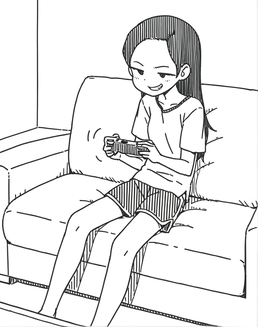 <lora:holidaygaki:1> holidaygaki, 1girl, monochrome, greyscale,fullbody,sitting,sofa,playing game,grin,masterpiece, best quality,sketch,rough,comic,no sclare,shorts, shirts,Forehead