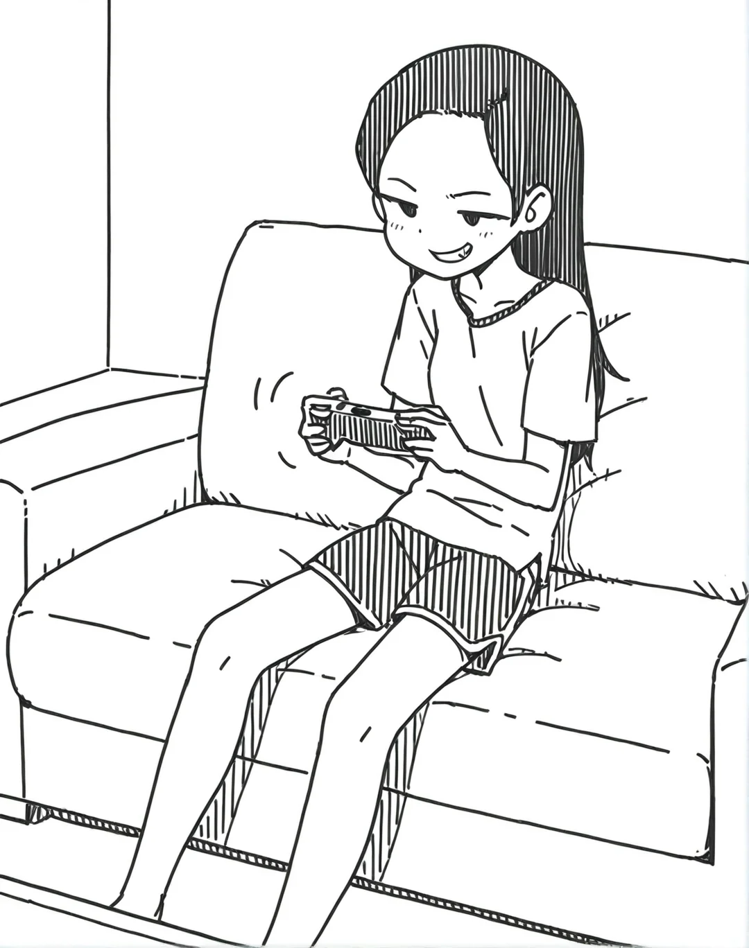 <lora:holidaygaki:1> holidaygaki, 1girl, monochrome, greyscale,fullbody,sitting,sofa,playing game,grin,masterpiece, best quality,sketch,rough,comic,no sclare,shorts, shirts,Forehead