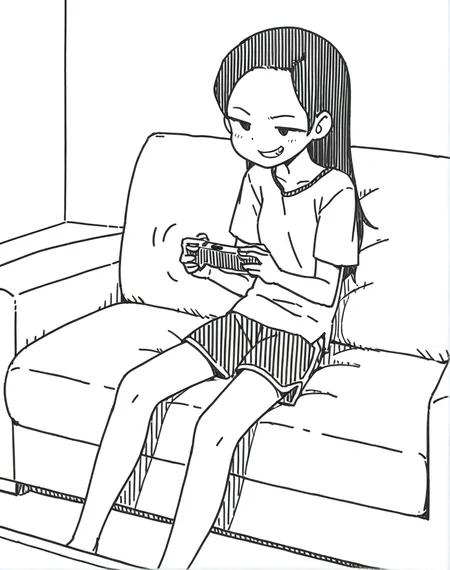 <lora:holidaygaki:1> holidaygaki, 1girl, monochrome, greyscale,fullbody,sitting,sofa,playing game,grin,masterpiece, best quality,sketch,rough,comic,no sclare,shorts, shirts,Forehead