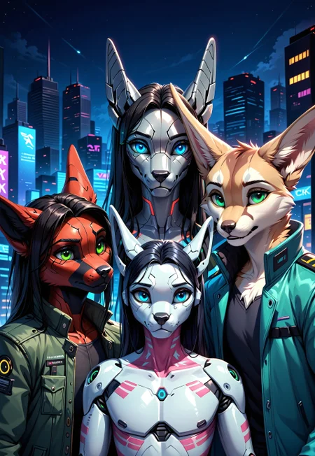 score_9, score_8_up, score_7_up, score_6_up, photorealistic, epiCPhotoGasm-colorfulPhoto, Realistic, highres, super high resolution, 8k, photo, furry, Furry, anthro, fur, male, fennec, brown fur, implanted eyes, robot face, robot face, he has gold plate on the head, implanted forehead, blue glowing eyes, metal head, gold forehead, metal eyes, sad, long black hair gathered in a long ponytail, black hair, metallic head, metal face, he has implanted face, close-up, long dark green thick coat, green coat, black leather shirt, black tight pants, long black hair, implants, implant eye, robot, furry, cyberpunk, night, cyber city, cyberpunk city, metallic eyes, metallic fur, robot, thin body, night, city, cyberpunk city, cyberpunk, realistic, detailed, detailed fur,