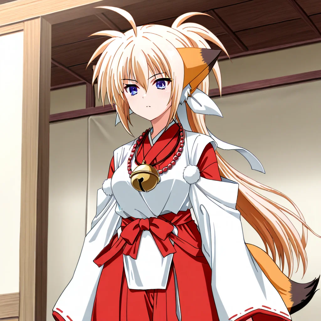 masterpiece, kuon_(triangle_heart), best quality, standing, 1girl, solo, miko, anime coloring, japanese clothes, bead necklace, bell necklace, two-tone fox tail,two-tone fox ears, hakama skirt, blonde hair, long ponytail, breasts, red hakama, detached sleeves, blue eyes, white hair ribbon, standing,  <lora:Triangle_Heartã¨ãããããããã¼ã_-_Kuon:1>