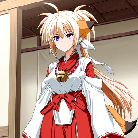masterpiece, kuon_(triangle_heart), best quality, standing, 1girl, solo, miko, anime coloring, japanese clothes, bead necklace, bell necklace, two-tone fox tail,two-tone fox ears, hakama skirt, blonde hair, long ponytail, breasts, red hakama, detached sleeves, blue eyes, white hair ribbon, standing, <lora:Triangle_Heartã¨ãããããããã¼ã_-_Kuon:1>