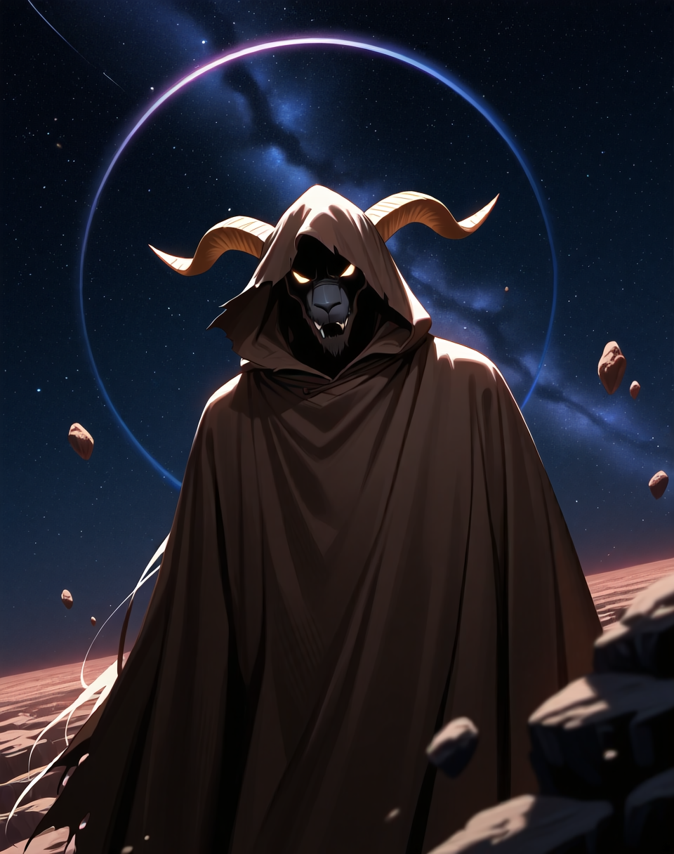 <lora:Moro_Hooded_Form_(Dragonball_Z)_(Illustrious)_(AD):1.35> Moro, hooded cloak, goat, 
((
dutch angle, exterior, outer space, floating rock islands, 
male focus, gradient coloring, solo, cowboy shot, soft shading, old, aged up, dark picture, tattered brown cloak, villain, large hood covering entire head and face, goat mouth, horn peak under hood, end boss, 
):1.5), 
BREAK very awe, aesthetically pleasing, masterpiece, best quality, amazing quality, very aesthetic, perfect depth of field shot, in'ei, furry_art, source_furry, source_anime,
EZRealPONYXL, zPDXL, Smooth Quality, lazympos, IllustQualXL_Pos,