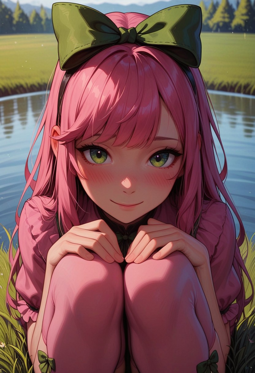 masterpiece, absurdres, best quality, very aesthetic, very awa, p0nyd1sney1ncasev1x0n2:1.5, 1girl, 25 years old, perfect face, 
detailed face, portrait, face focus, depth of field, looking at viewer, blush, shy smile, (close up:1.3),
pink thighhighs, ((bow legwear)), green bow, 
knees to chest, 
((foreshortening)), 
green eyes, 
long hair, pink hair, hair bow, sidelocks,  
pink dress, green bow, 
grass, lake