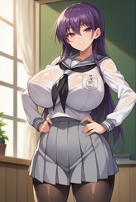 <lora:kaoruenma-10:1>EnmaKaoru, enmaschool, solo, black neckerchief, long hair, purple eyes, school uniform, huge breasts,grey skirt, purple hair, serafuku, black pantyhose,white shirt, (looking at viewer, smile, hands on own hips ), 16k, masterpiece, absurdes, highly detailed, highres, high quality, best quality, score_9, score_8_up, score_7_up, score_6_up, anime_source, source_anime, anime screencap, anime colouring,, shiny, shiny skin, shiny hair, oiled