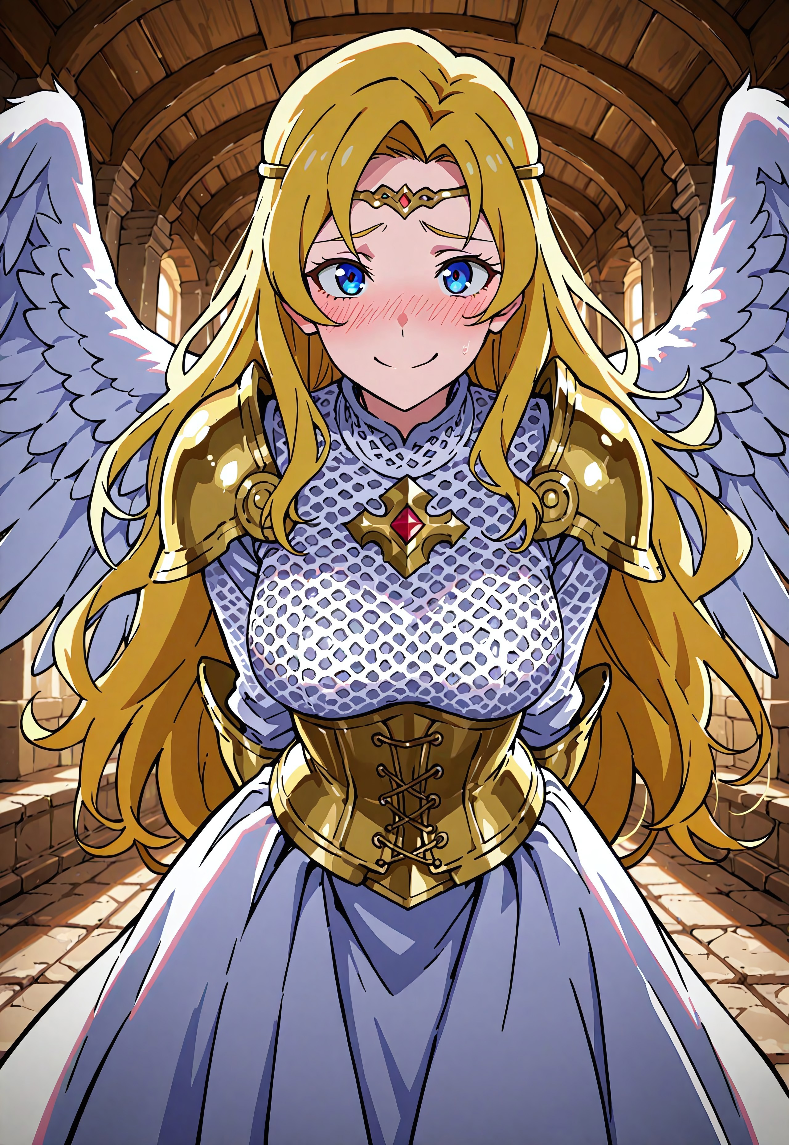 1D4T3NSTYL3, masterpiece, highly detailed, 1girl, solo, a Valkyrie warrior woman, long wavy golden blonde hair, blue eyes, embarrassed smile, blush across the nose, golden circlet with white wings, wearing a gold and white wedding dress, detailed patterns and geometric embroidering. silver trim, elegant armored shoulder plates, chainmail corset, beautiful, vibrant, colorful, looking at the viewer, hands behind her back, shy, in an old stone grand hall, arched vaulted ceiling, cinematic lighting and shadow, dynamic composition, Smooth Quality