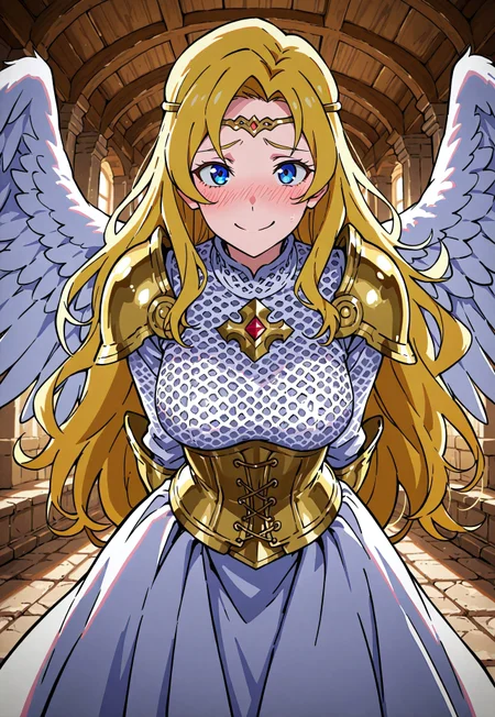 1D4T3NSTYL3, masterpiece, highly detailed, 1girl, solo, a Valkyrie warrior woman, long wavy golden blonde hair, blue eyes, embarrassed smile, blush across the nose, golden circlet with white wings, wearing a gold and white wedding dress, detailed patterns and geometric embroidering. silver trim, elegant armored shoulder plates, chainmail corset, beautiful, vibrant, colorful, looking at the viewer, hands behind her back, shy, in an old stone grand hall, arched vaulted ceiling, cinematic lighting and shadow, dynamic composition, Smooth Quality