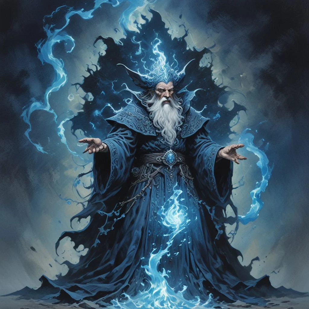 A powerful wizard summoning dark forces of blue and black to power an evil spell, art by Massimilano Frezzato, art by kev walker, art by Matisse, detailed, realistic lighting, amazing breathtaking details, evoKevWalker,