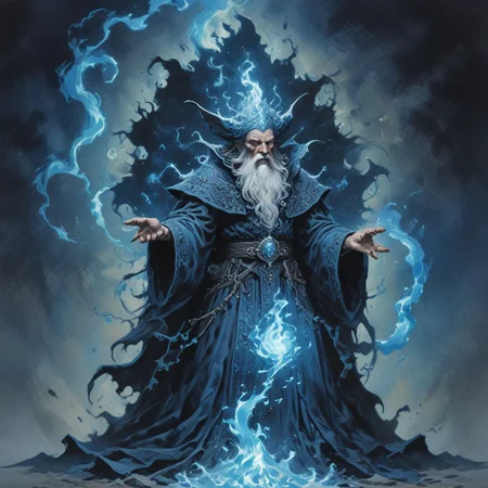A powerful wizard summoning dark forces of blue and black to power an evil spell, art by Massimilano Frezzato, art by kev walker, art by Matisse, detailed, realistic lighting, amazing breathtaking details, evoKevWalker,