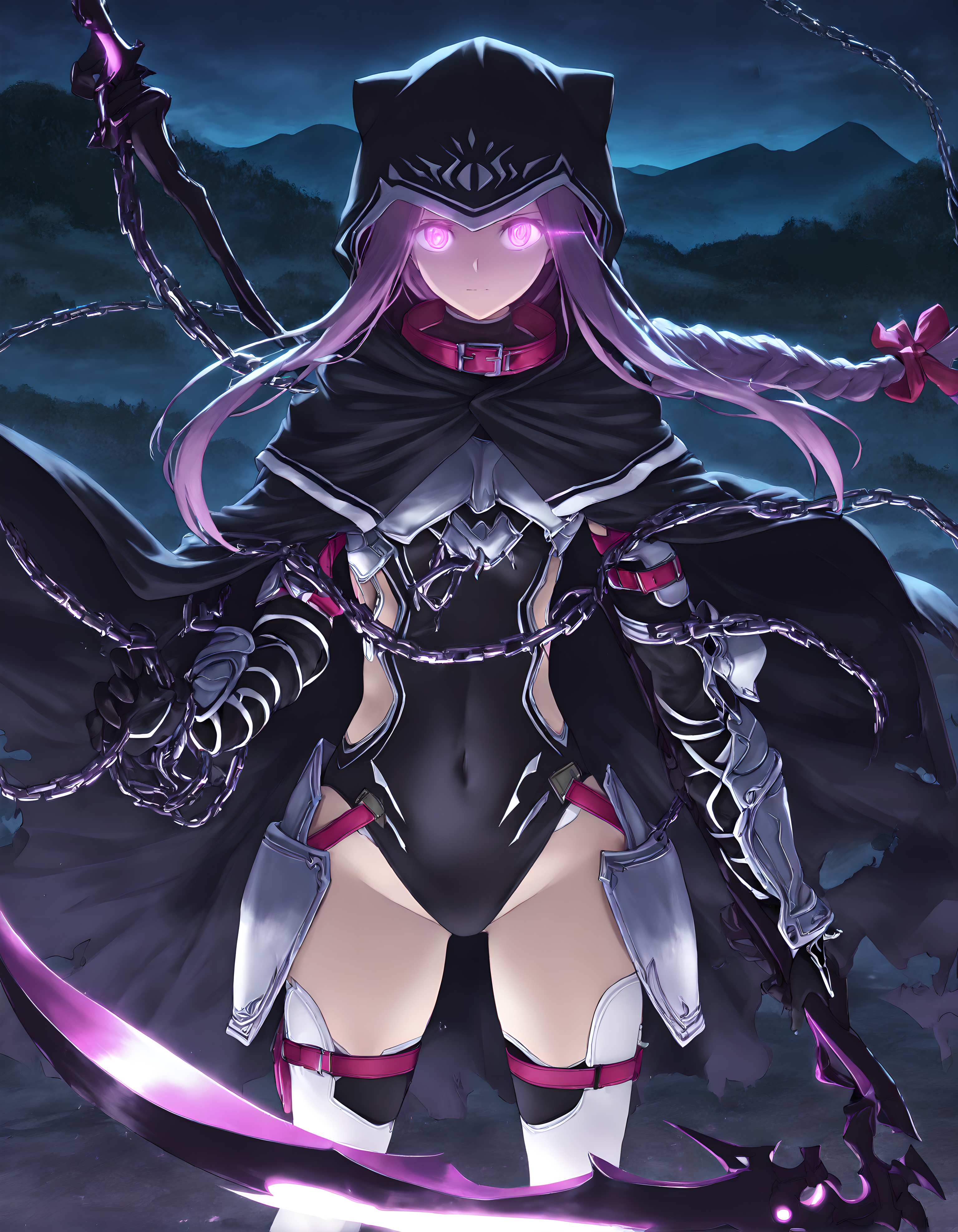 <lora:illustrious_XL_ana:0.9>,ana,masterpiece,best quality,good quality,1girl,solo,looking at viewer,hood,black leotard,armor,collar,covered navel,black cape,black cloak,black gloves,white thighhighs,scythe,chain,holding scythe,night,hills,standing,put up your weapons,cowboy_shot,glowing eyes,