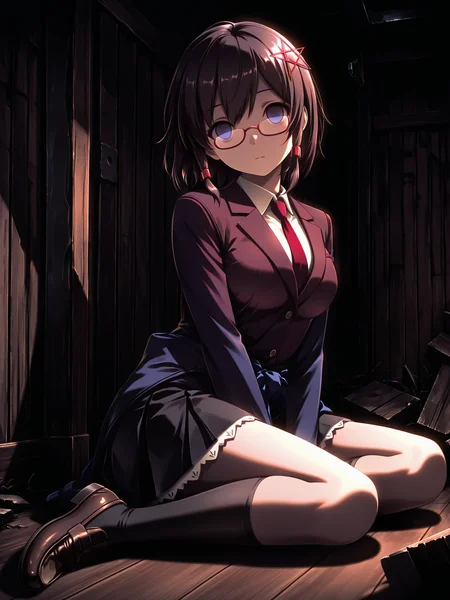 lazypos, <lora:Naho3CoPaXL:1> 1girl, short hair, pentagram hair ornament, school uniform, red brown blazer, red glasses, blue jacket around waist, hair tubes, black pleated skirt, black kneehighs, brown loafers, medium breasts, <lora:cfg_scale_boost:0.5> <lora:LeIsT0_style:1> LeIsT0_illu, ruins, wooden wall, wooden floor, on floor, glowing eyes, empty eyes, looking at viewer, dark <lora:spo_sdxl_10ep_4k-data_lora_webui:0.5>, expressionless,