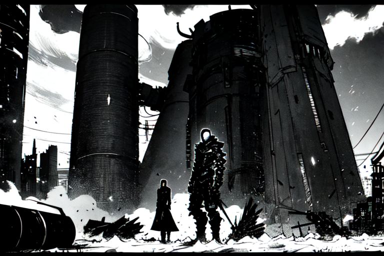 highly insanely detailed, masterpiece, top quality, best quality, highres, 4k, 8k, RAW photo, (very aesthetic, beautiful and aesthetic),  
tsutomu nihei,nihei_tsutomu,blame!,blame gakuen!,abara,TNstyle,sidonia_no_kishi,(tower,megastructure in background,city ruins,deep horizon,hangar,lab,stairs,mausoleum,tunnel),machinery,light particles,ventilation fan,ventilation shaft,dark sky,black sky,toha heavy industries,letterboxed,star \(sky\),starry sky,gauna,gauna mech,walkway,clouds,dome,lantern,wire,tentacles,concrete walls,metal walls,cables,tubes,industrial pipes,steam,smoke,foggy,bones,fence,bridge,drainpipe,buildings,science fiction,flock,no human,decrepit, 
<lora:ABARA:0.8>, 
(1girl:1.3), 
solo focus, 
downtown,city,âââ