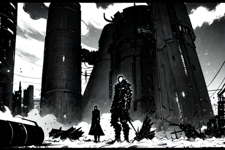 highly insanely detailed, masterpiece, top quality, best quality, highres, 4k, 8k, RAW photo, (very aesthetic, beautiful and aesthetic),
tsutomu nihei,nihei_tsutomu,blame!,blame gakuen!,abara,TNstyle,sidonia_no_kishi,(tower,megastructure in background,city ruins,deep horizon,hangar,lab,stairs,mausoleum,tunnel),machinery,light particles,ventilation fan,ventilation shaft,dark sky,black sky,toha heavy industries,letterboxed,star \(sky\),starry sky,gauna,gauna mech,walkway,clouds,dome,lantern,wire,tentacles,concrete walls,metal walls,cables,tubes,industrial pipes,steam,smoke,foggy,bones,fence,bridge,drainpipe,buildings,science fiction,flock,no human,decrepit,
<lora:ABARA:0.8>,
(1girl:1.3),
solo focus,
downtown,city,âââ