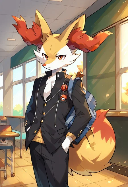 score_9, score_8_up, score_7_up, rating_safe, anthro, 1boy solo, furry, Braixen_(Pokemon), no humans, Yellow-White Fur, school uniform, gakuran, hand in pocket, pants, black pants, long sleeves, jacket, headphones,Braixen_\(Pokemon\), Yellow-White Fur,Two-Tone Fur,Crimson Eyes,Black furred legs,pointy ears,Red Ear Fluff,Red Tipped Tail, male school uniform,AddXL,ITMStyle, dynamic background, detailed background, school bag, indoors, school desk, classroom, carrying guitar case,