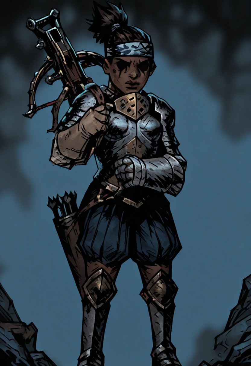 masterpiece, best quality, newest, absurdres, highres, TTCSV1.0, DDstyle, official style,
black eyes, shaded eyes,
1girl, DD-Arba-V1.0, dark-skinned female, dark skin, dredlocks, armor, breastplate, armor, headband, greaves, quiver, ponytail, pauldrons
Crossbow, holding crossbow, weapon, holding weapon, bolt (projectile), arrow (projectile)