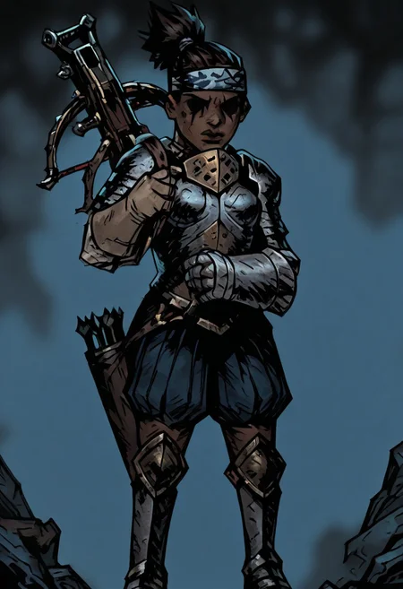 masterpiece, best quality, newest, absurdres, highres, TTCSV1.0, DDstyle, official style,
black eyes, shaded eyes,
1girl, DD-Arba-V1.0, dark-skinned female, dark skin, dredlocks, armor, breastplate, armor, headband, greaves, quiver, ponytail, pauldrons
Crossbow, holding crossbow, weapon, holding weapon, bolt (projectile), arrow (projectile)