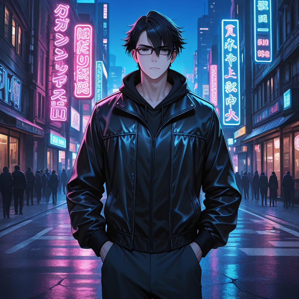 masterpiece, best quality, amazing quality, absurdres, newest, detailed background, definition so sharp, Ultra-HD, 8K cinematic, very awa, impressionate, amazing quality, highres, 
solo, male focus, manly, 
saruhikofushimi, saruhiko_black hair, saruhiko_black eyes, 1boy, short hair, glasses, stylish jacket, standing, hands in pockets, city street, night, neon lights, cool colors, confident, stylish, slightly intimidating, charming