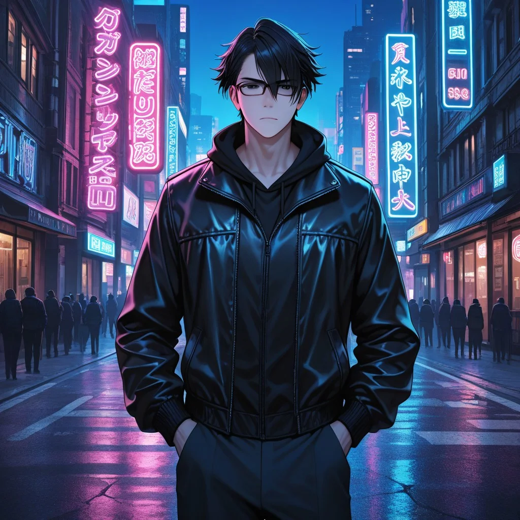 masterpiece, best quality, amazing quality, absurdres, newest, detailed background, definition so sharp, Ultra-HD, 8K cinematic, very awa, impressionate, amazing quality, highres,
solo, male focus, manly,
saruhikofushimi, saruhiko_black hair, saruhiko_black eyes, 1boy, short hair, glasses, stylish jacket, standing, hands in pockets, city street, night, neon lights, cool colors, confident, stylish, slightly intimidating, charming