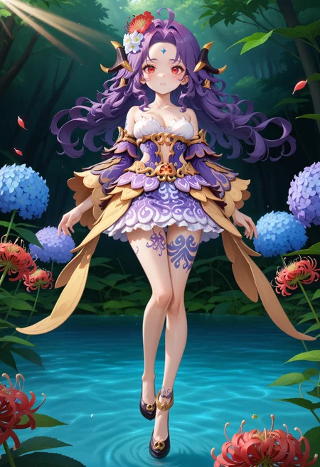 masterpiece, best quality, very aesthetic, absurdres, rom_nidhogg_xl,
1girl, purple hair, flower on head, red eyes, 
full body, looking at viewer, purple tattoo on legs, mystical forest, water, spider lily, hydrangea, falling petals, light rays, tyndall effect, vivid colors, tranquil and magical atmosphere,
shiny skin, beautiful face, beautiful eyes, extreme detailed, official art, professional illustration, hires,
<lora:rom_nidhogg_pony_xl:1>, <lora:aesthetic_anime_v1s:0.5>, <lora:add_details_xl:0.5>