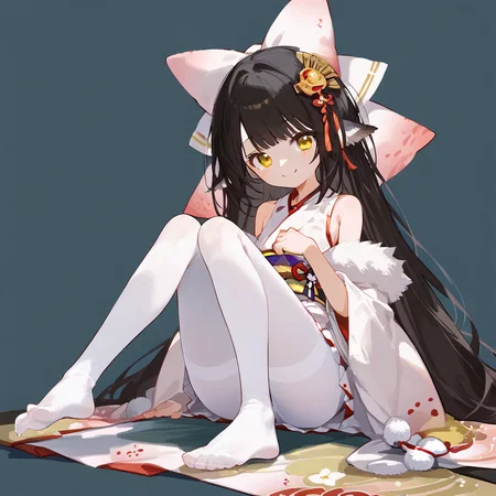 score_9, score_8_up, anime source, simple background, sitting, light smile,
1girl, harutsuki_skin1, black hair, yellow eyes, japanese clothes, bare shoulders, white pantyhose, geta, feet, fur ears,
 <lora:harutsuki_skin1_pony_v1:0.8>
