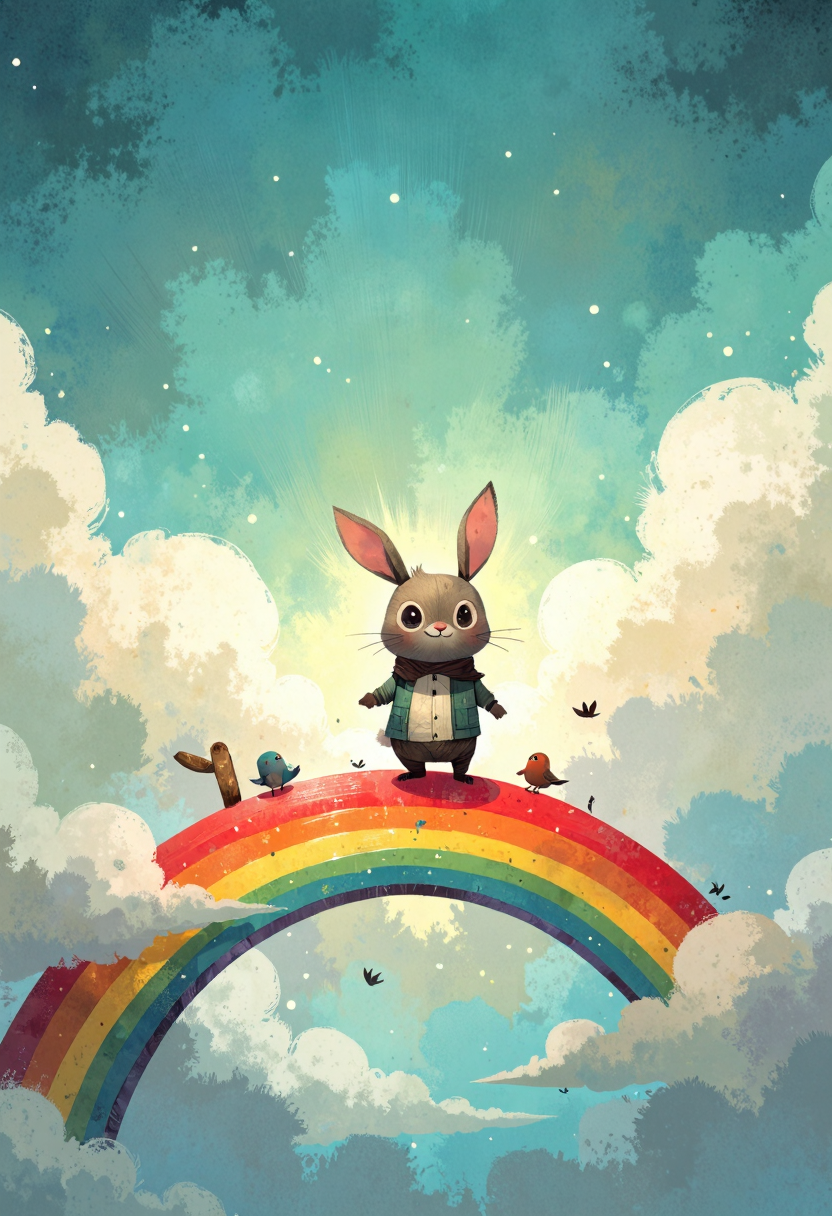 ppstorybook,A dreamy bunny hopping across a rainbow bridge, with fluffy clouds surrounding it and tiny birds flying alongside, rendered in a magical, soft-focus style with pastel hues and glowing accents.