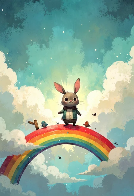ppstorybook,A dreamy bunny hopping across a rainbow bridge, with fluffy clouds surrounding it and tiny birds flying alongside, rendered in a magical, soft-focus style with pastel hues and glowing accents.