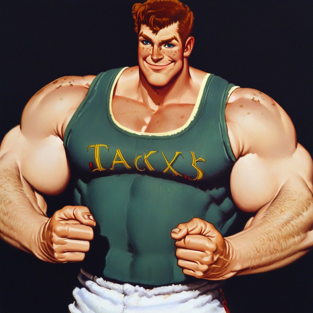norman rockwell style, pectorals, clenched hand, flexing biceps, hairy arms, bara, front view, upper body, freckles, white shorts, confident smile, black background
